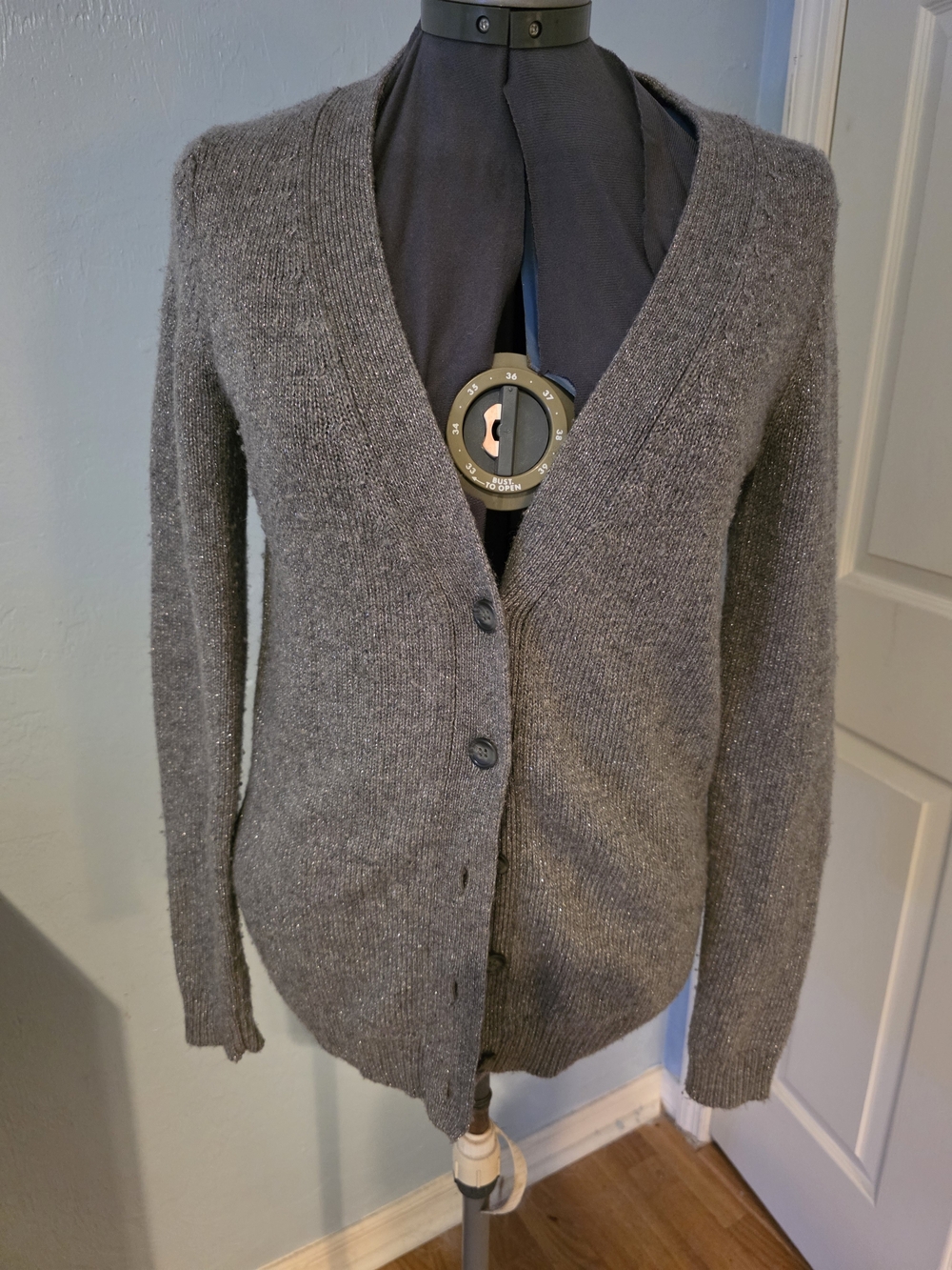 Ann Taylor Gray & Silver V-Neck Button Cardigan